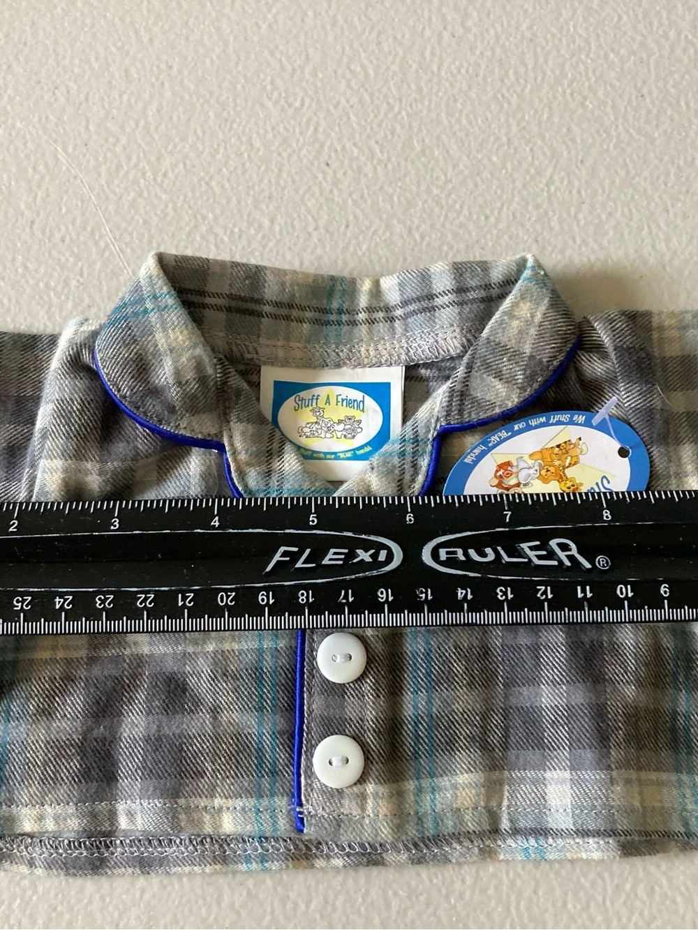 Stuff A Friend Teddy Bear Casual Plaid Shirt & Shorts Outfit Set Gray Blue